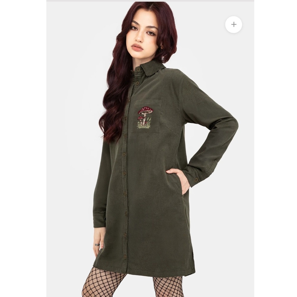 Disturbia Olive Green Mushroom Embroidered Corduroy Shirt Dress Size US 8